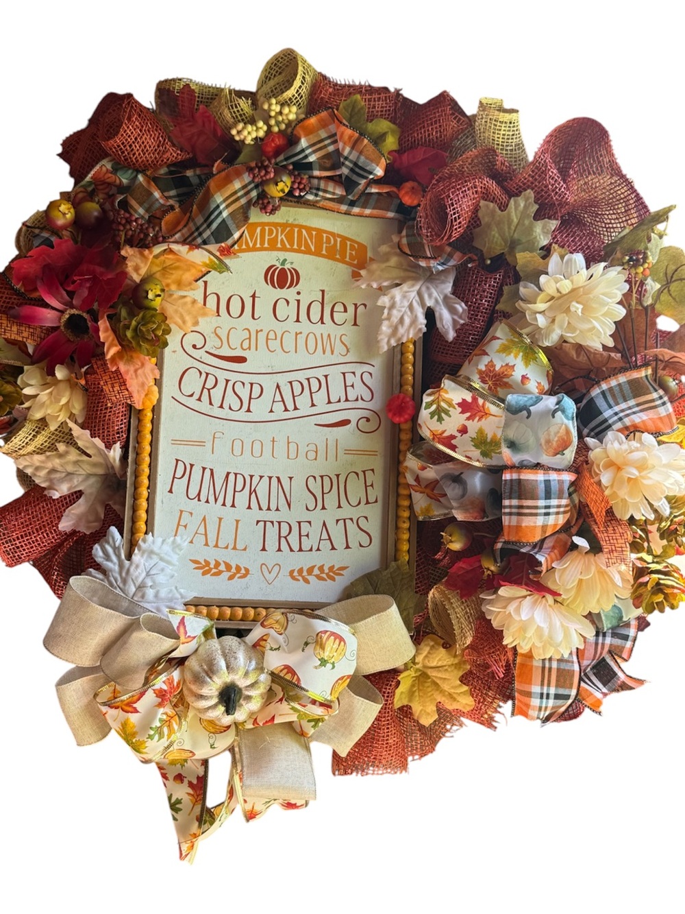 Autumn Pumpkin Spice Decorative Fall Wreath - Orange, Cream, Plaid